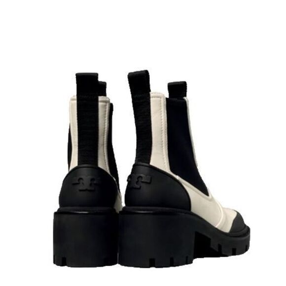 Tory Burch Women's White Black Chelsea Lug Leather Waterproof Bootie Boots Size - Picture 2 of 9